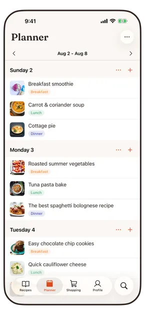 A week of meals planned in AnyRecipe