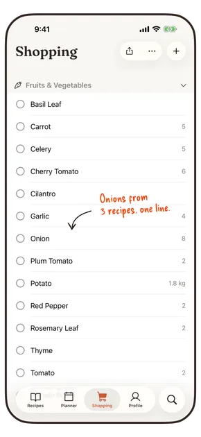 Smart shopping list with merged ingredients